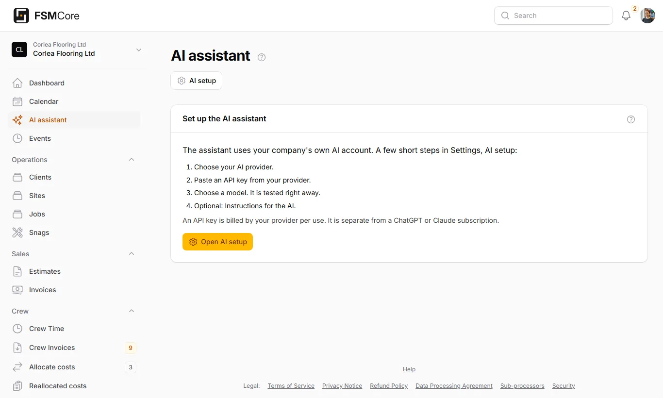 The AI assistant, set up with the company's own AI account