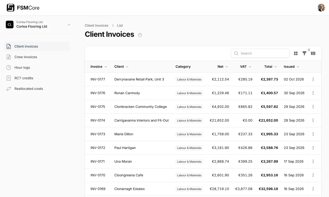 Client invoices in the books