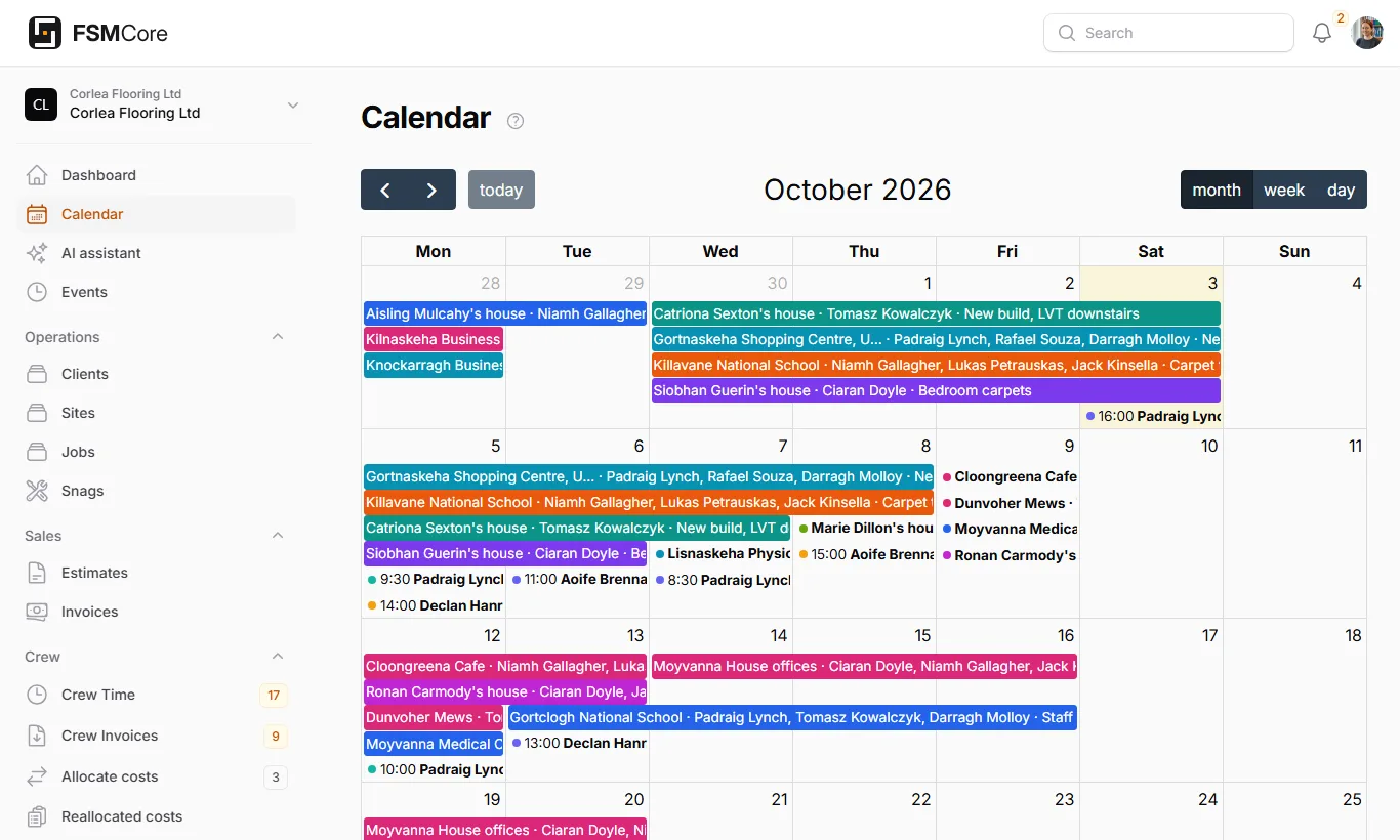 The calendar with jobs and events