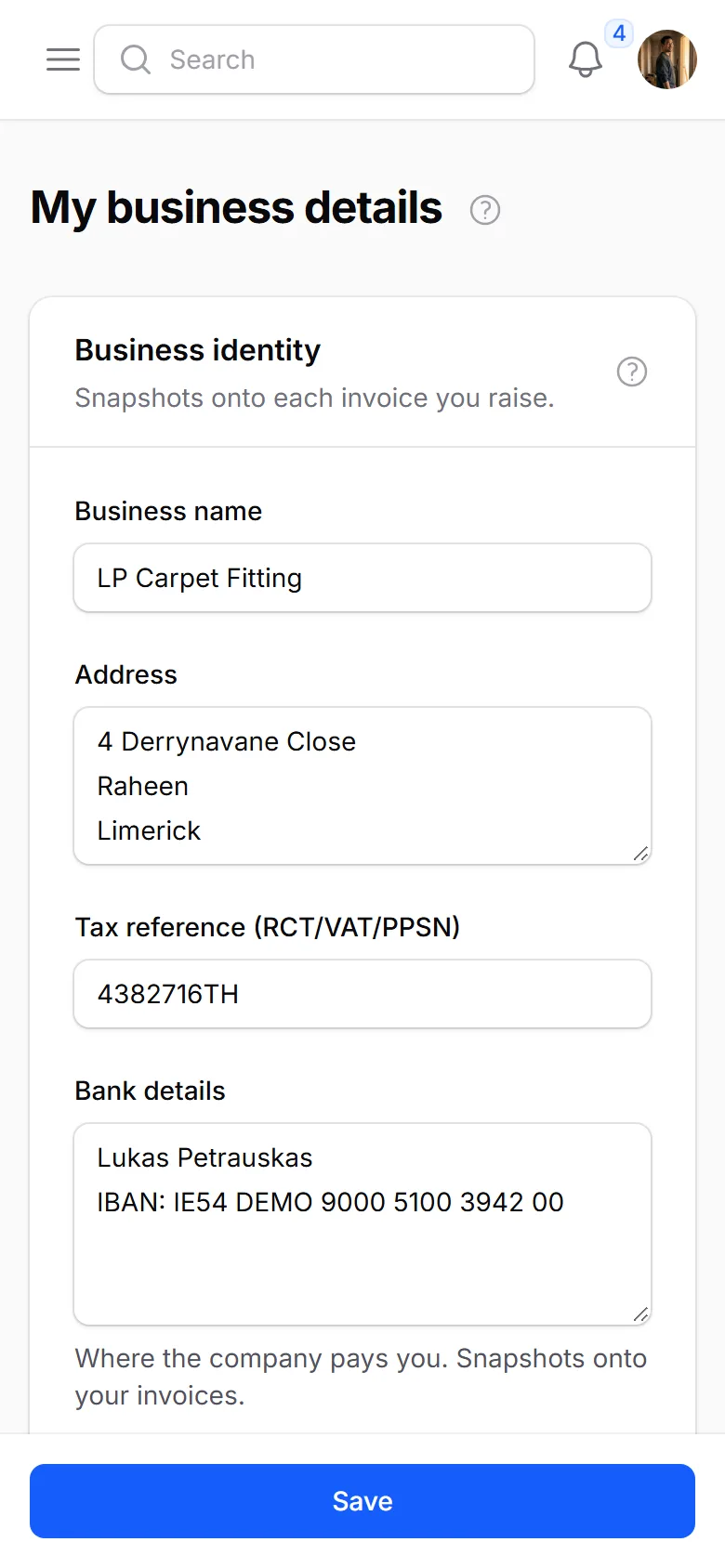 The crew app on a phone: Business details