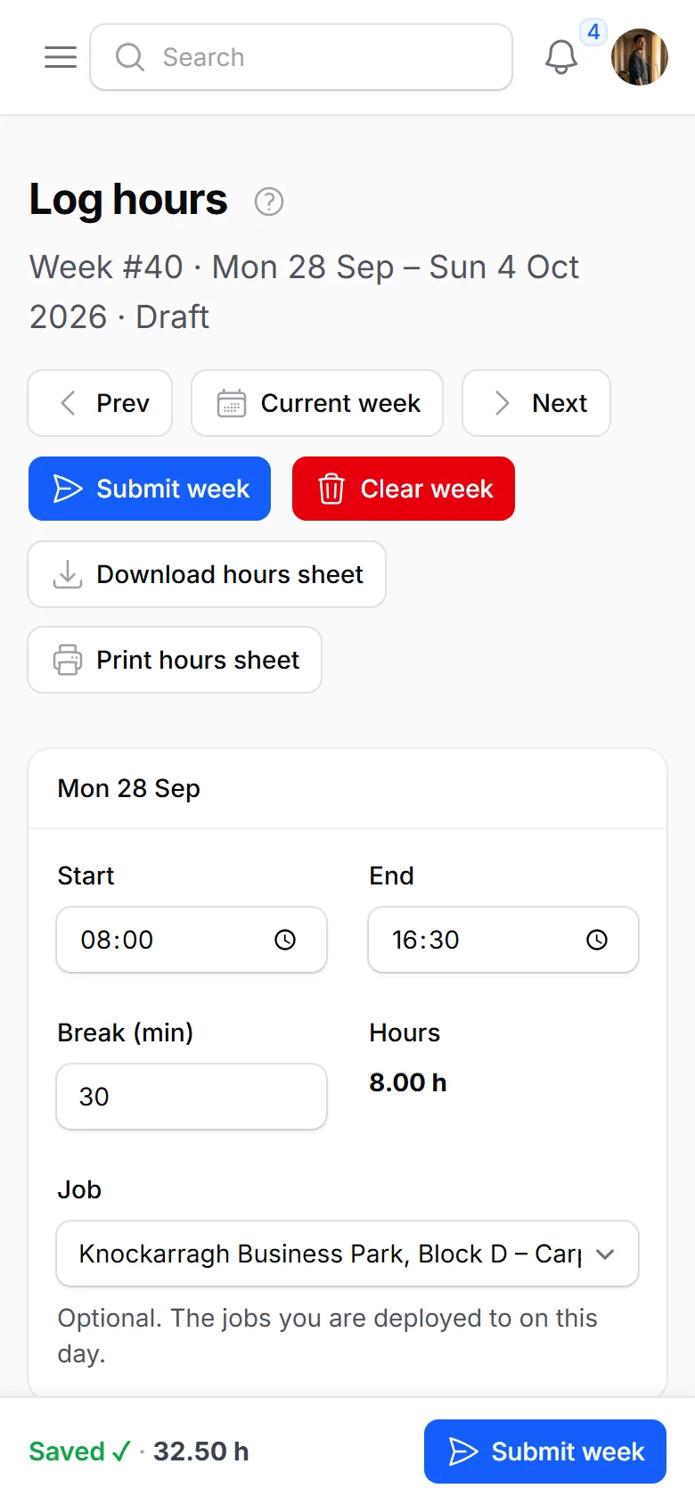 The crew app on a phone: Log hours