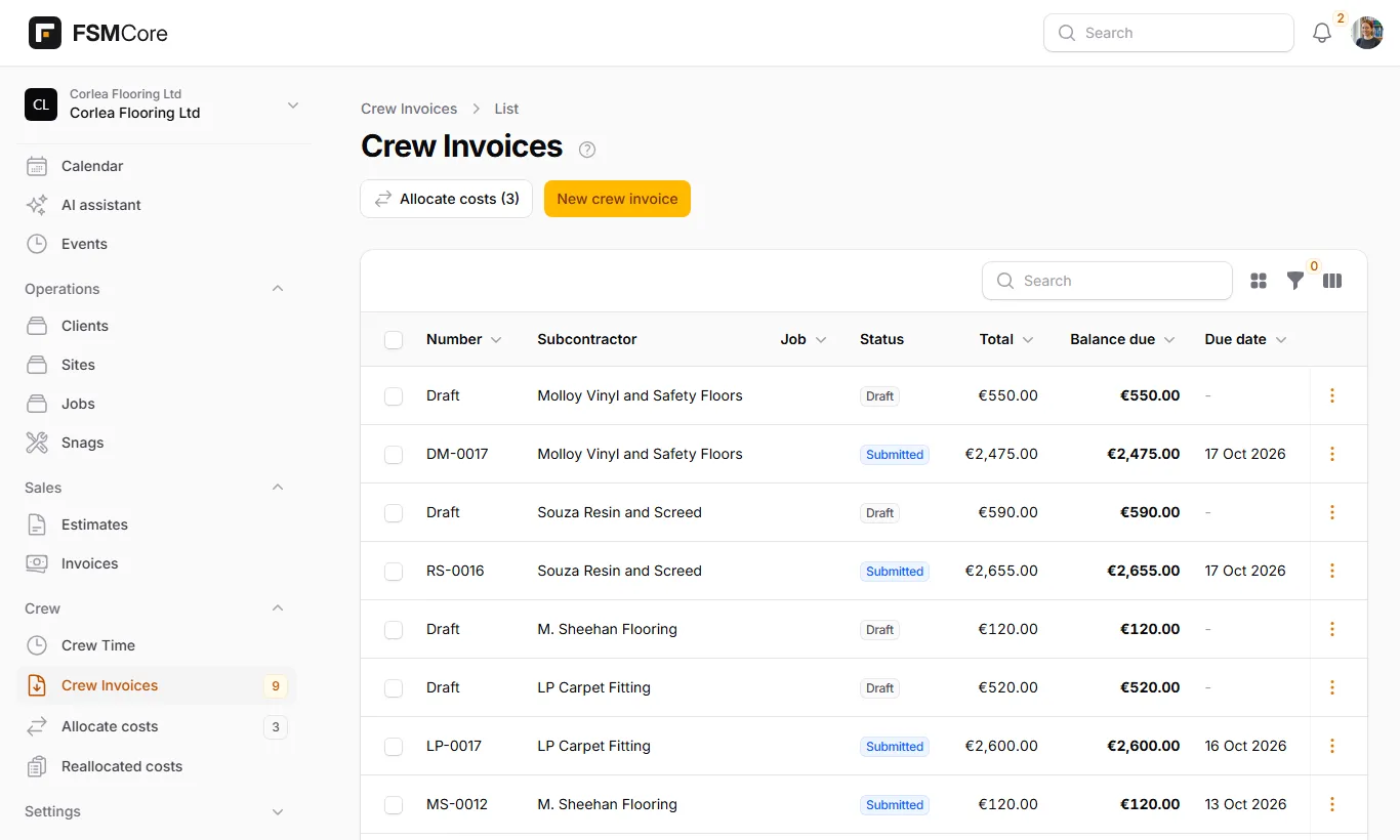 The crew invoices list