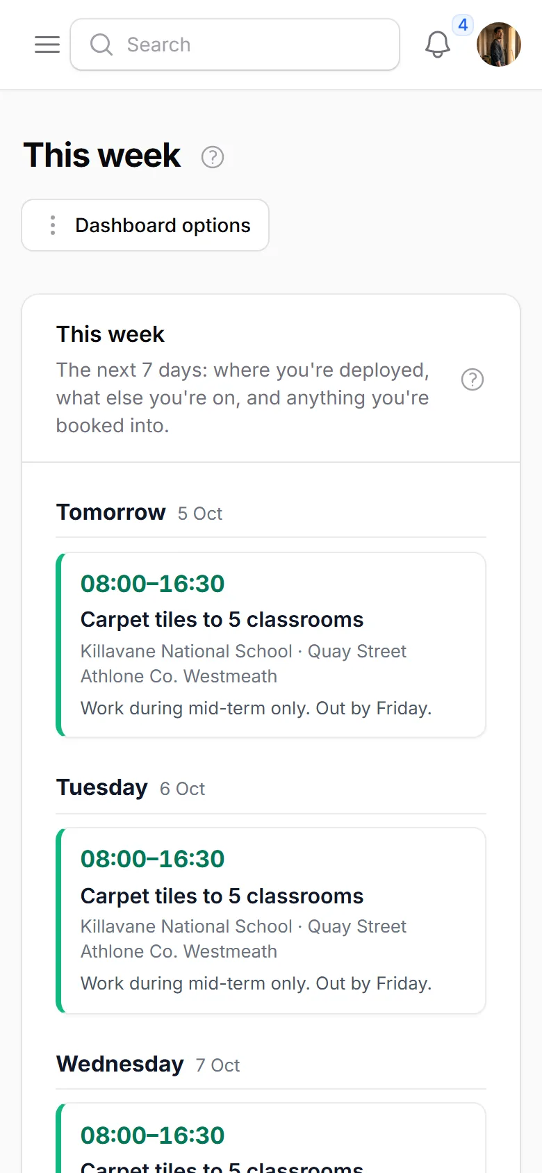 The crew app on a phone: This week