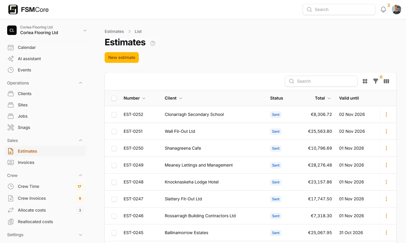 The estimates list