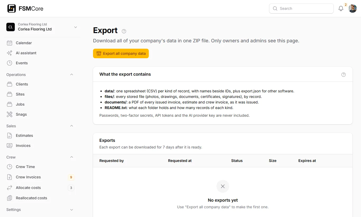 Settings, Export all company data