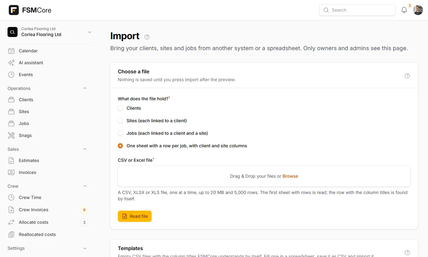 Settings, Import