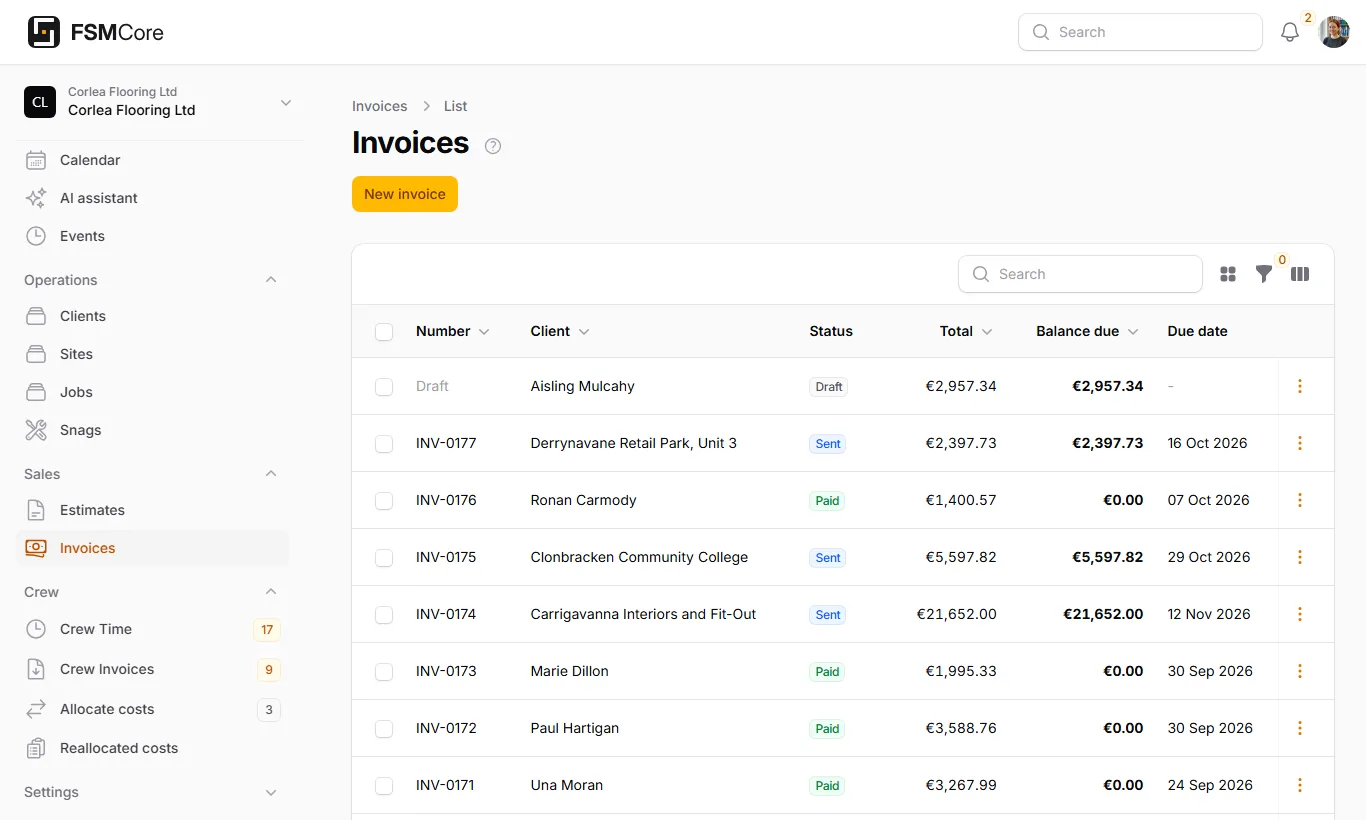 The invoices list