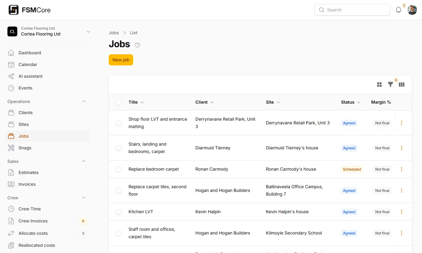 The jobs list with the margin of each job