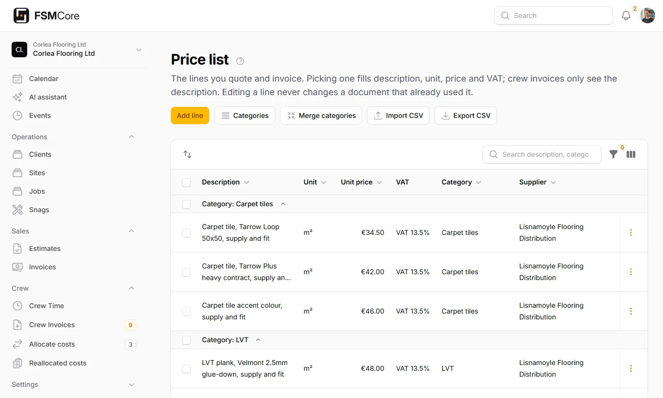 The price list