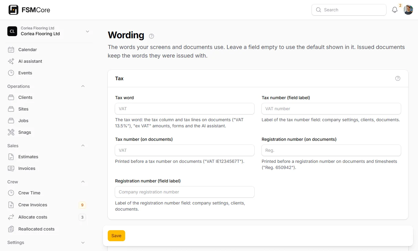 Settings, Wording