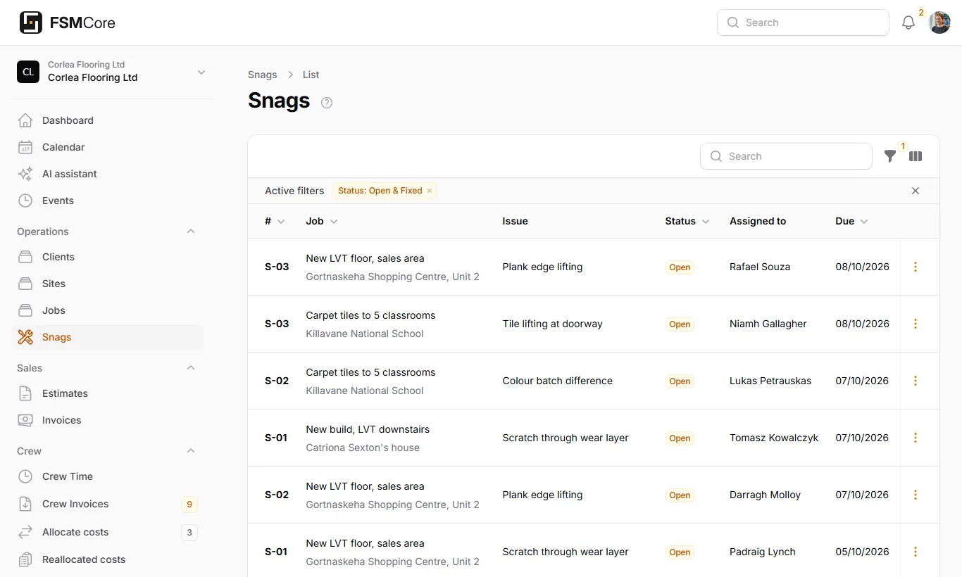 The snags list