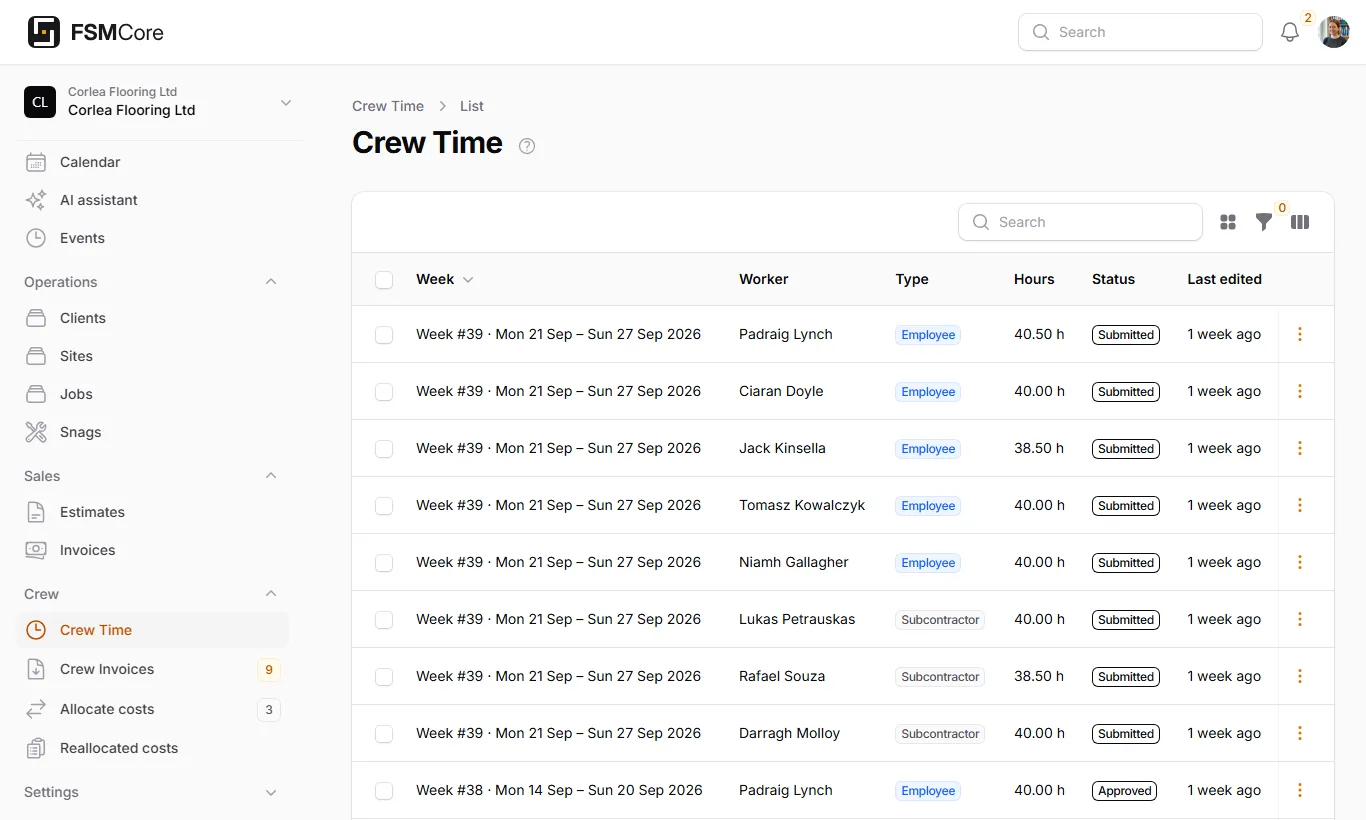 Crew Time, the submitted weeks of hours