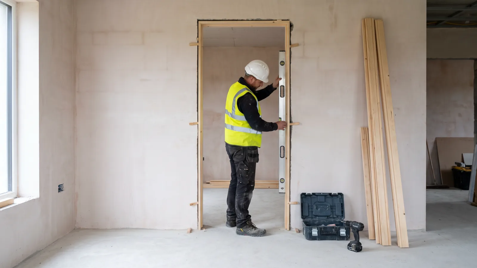 A carpenter in a hard hat, hi-vis vest and safety boots checking a new door frame with a long spirit level, a tool case and timber lengths beside him