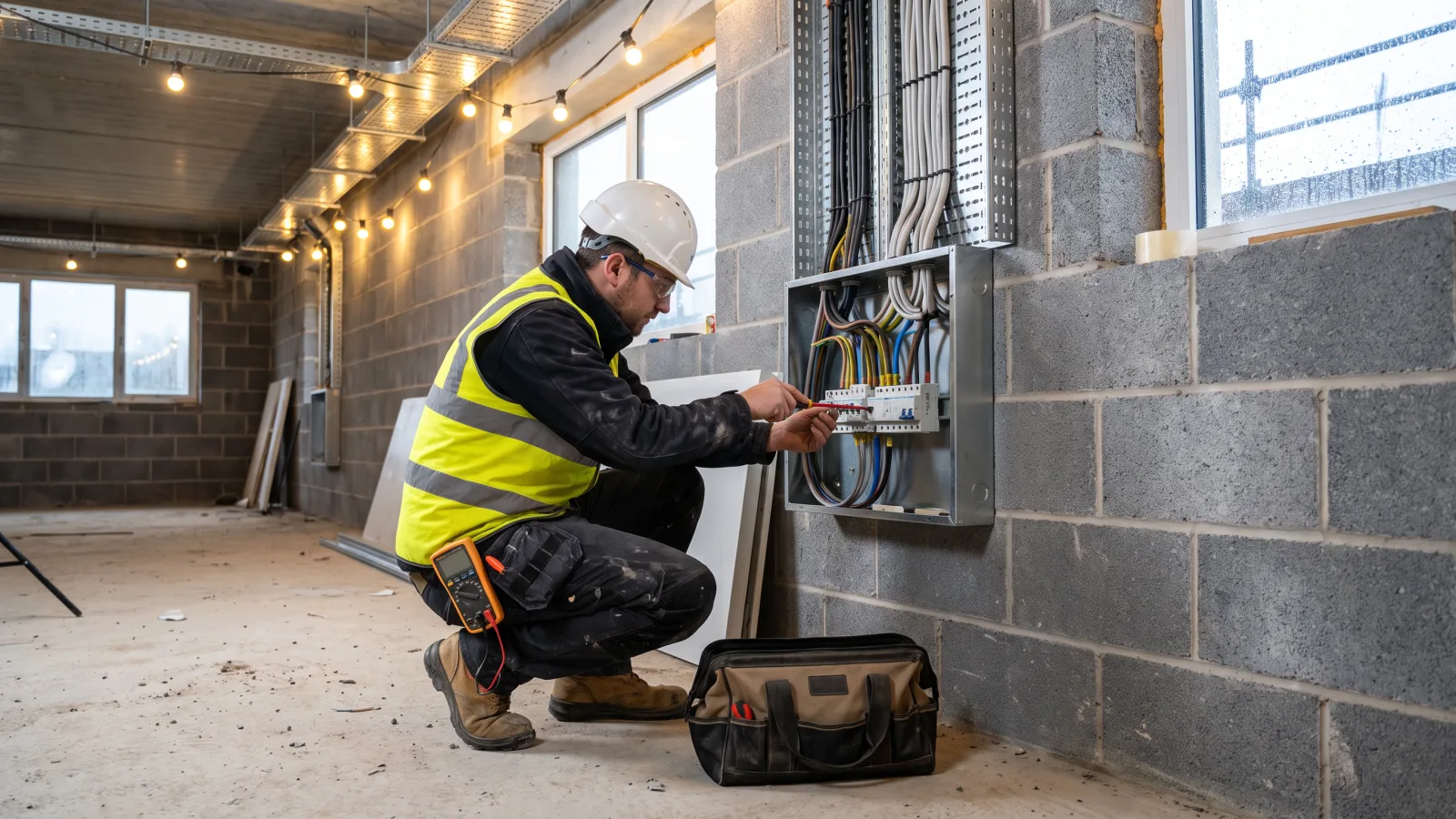 An electrician in a hard hat, safety glasses, hi-vis vest and safety boots working on a new distribution board, a multimeter clipped to his belt