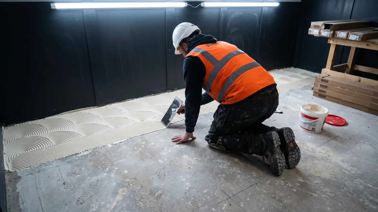 A floor layer in a hard hat, hi-vis vest and safety boots spreading adhesive with a notched trowel on a concrete floor