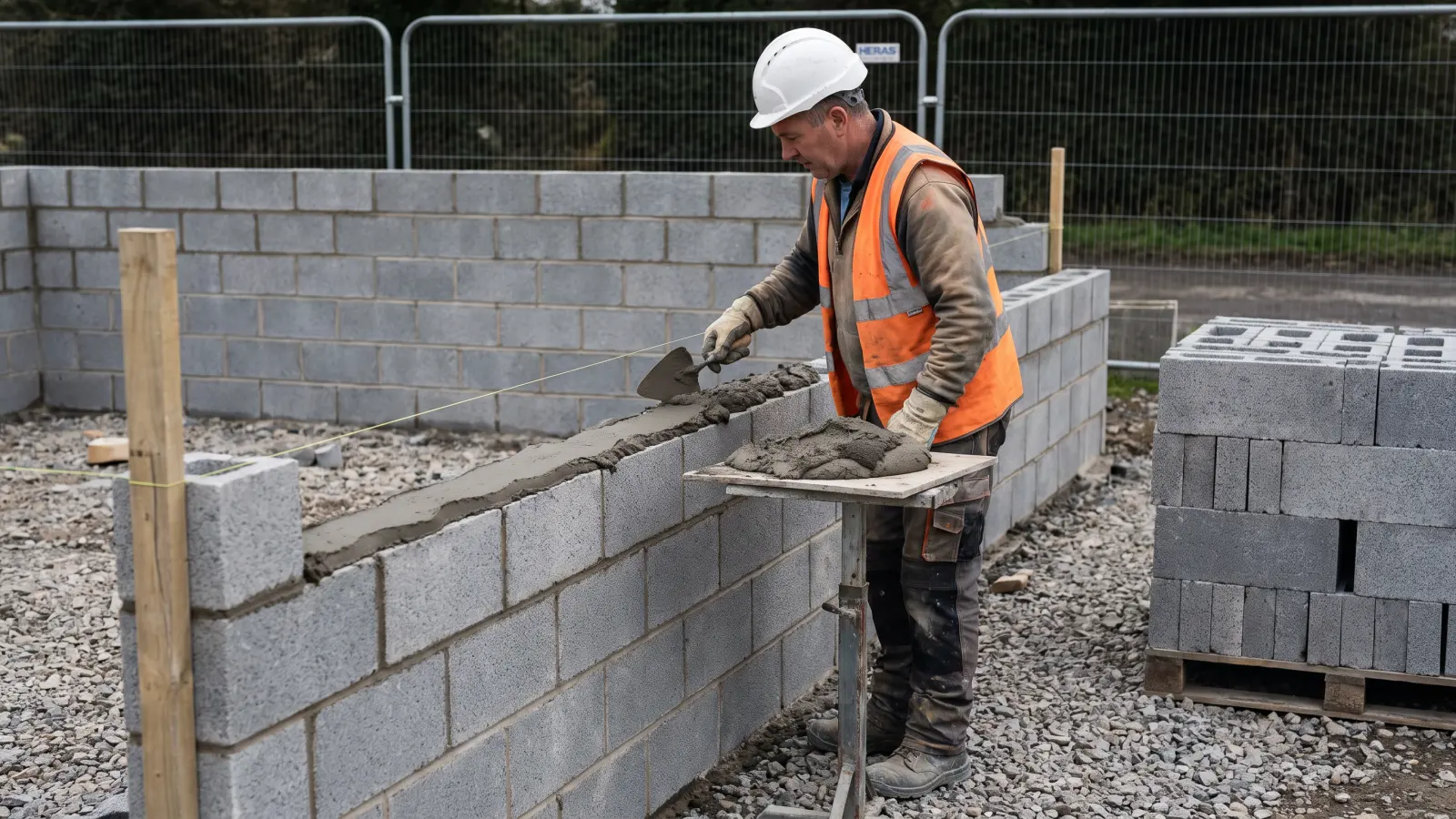 A builder in a hard hat, hi-vis vest and safety boots laying concrete blocks with a trowel and mortar board, behind site fencing