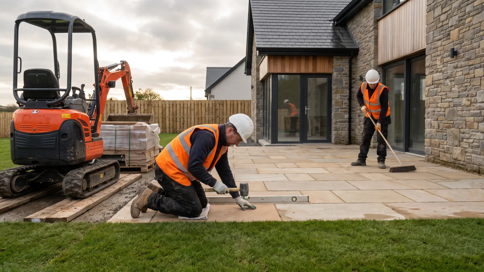 Two landscapers in hard hats, hi-vis vests and safety boots laying sandstone paving with a rubber mallet and a level, a mini digger behind them