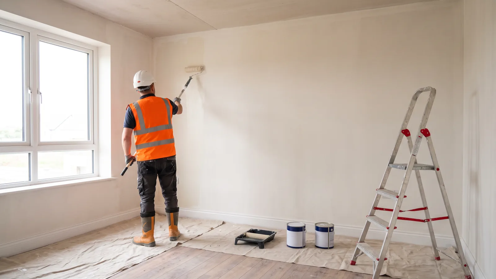 A painter in a hard hat, hi-vis vest and safety boots rolling paint onto a wall, with paint tins, a tray and a stepladder on a dust sheet