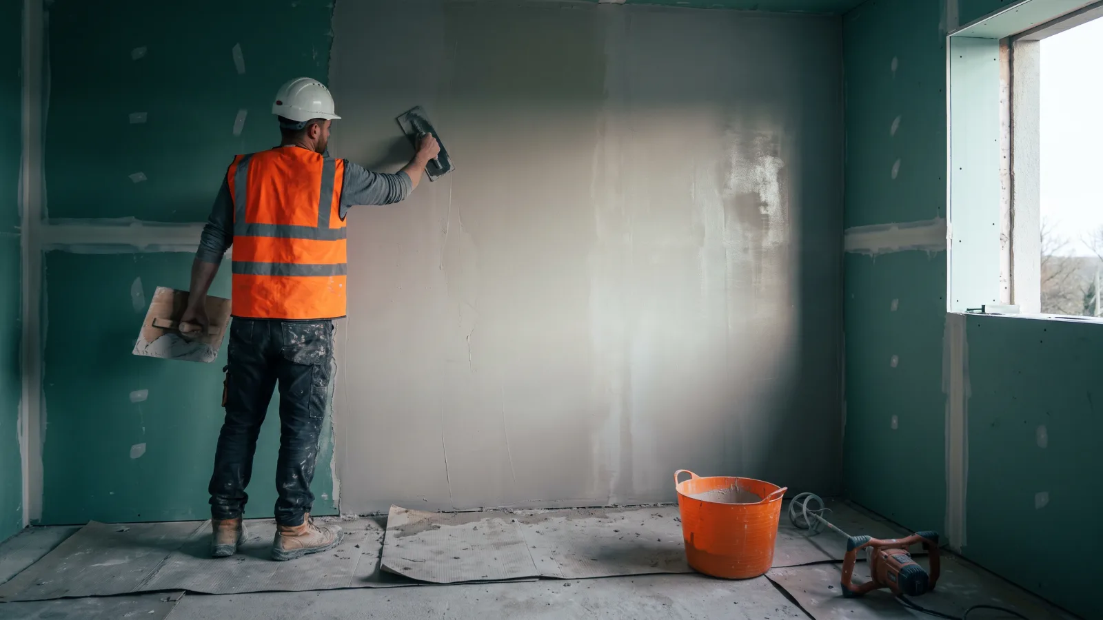 A plasterer in a hard hat, hi-vis vest and safety boots skimming a wall with a trowel and hawk, beside a bucket and mixer on protective sheets