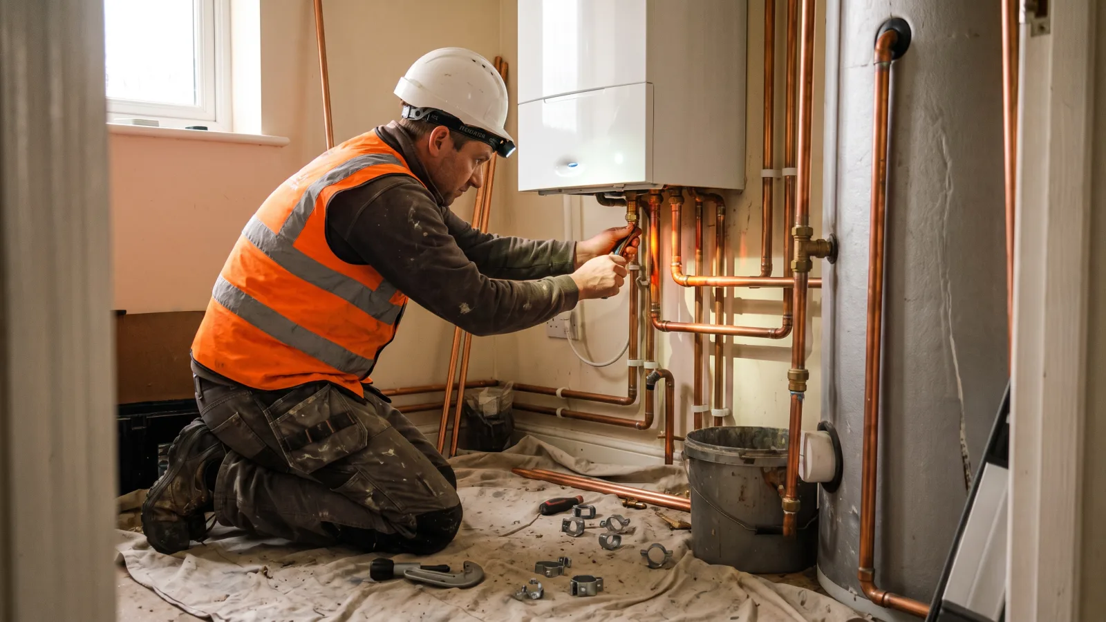A plumber in a hard hat, hi-vis vest and safety boots kneeling on a dust sheet, fitting copper pipework under a new wall-mounted boiler