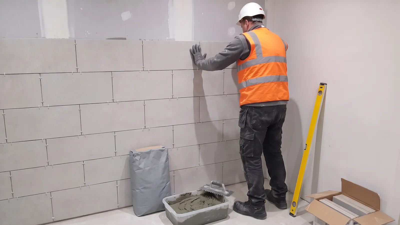 A tiler in a hard hat, hi-vis vest and safety boots setting large grey wall tiles with spacers, a level and adhesive tub beside him